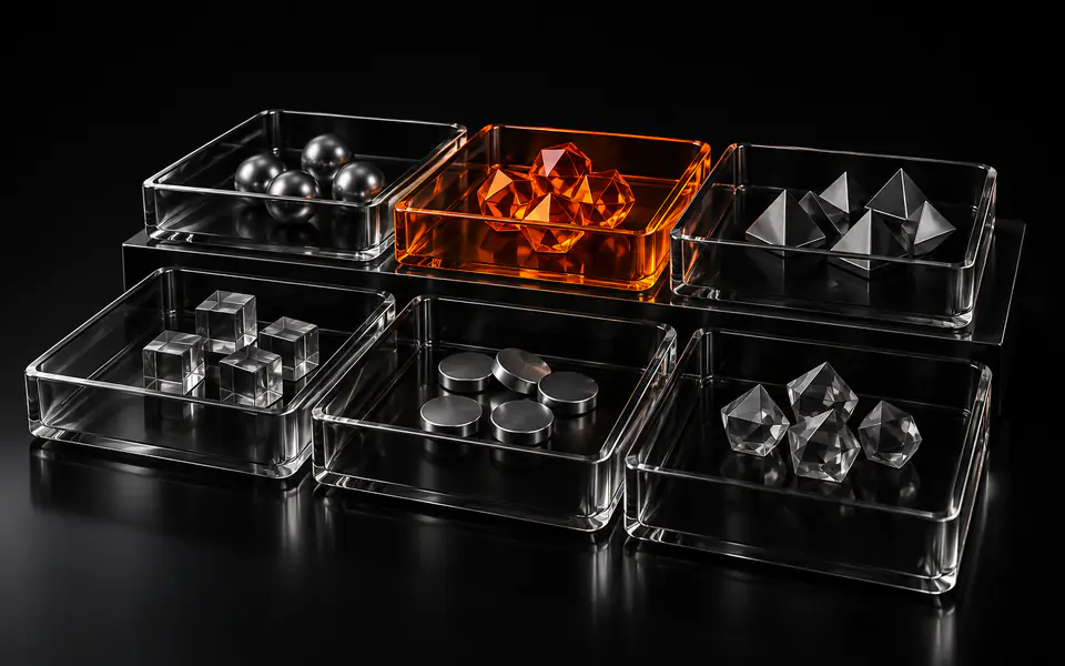 Six smoked-glass evidence trays form two tiers, with one priority compartment glowing orange on black