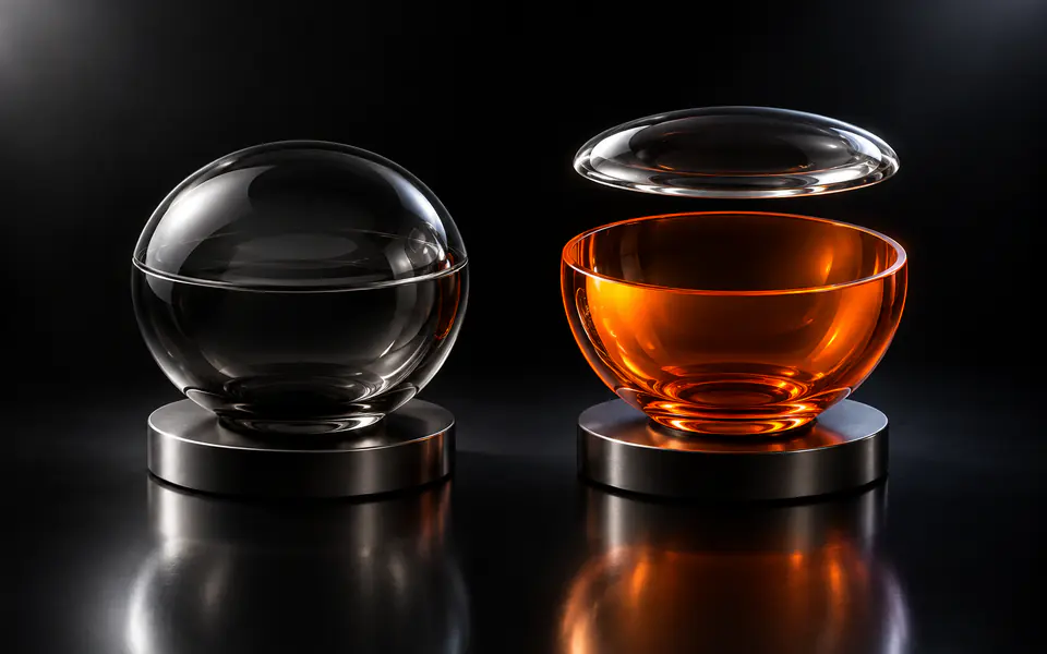 Two pedestal-mounted glass bowls sit beneath a lens; the open bowl glows orange