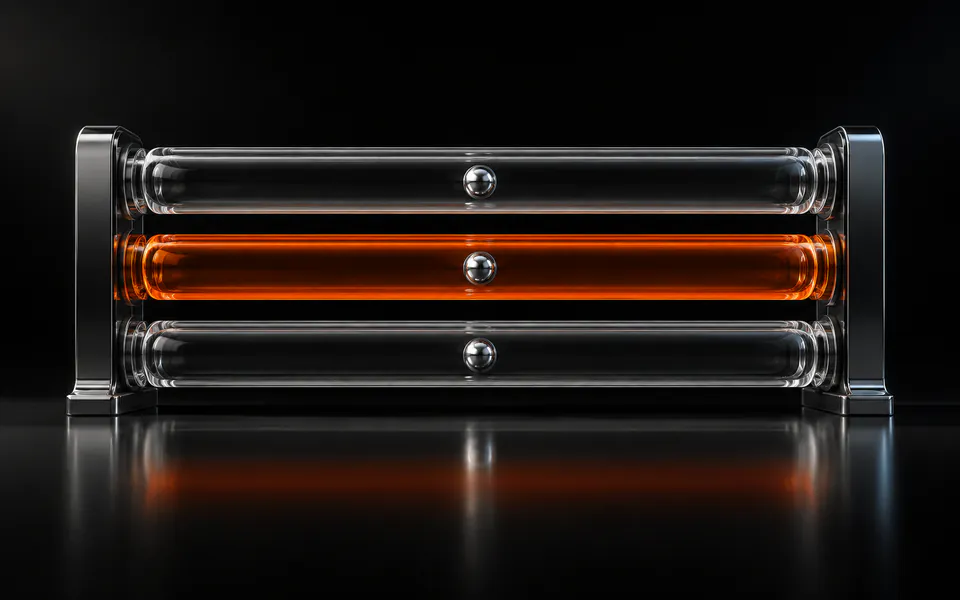 Three parallel glass channels stack vertically, with the middle channel glowing orange