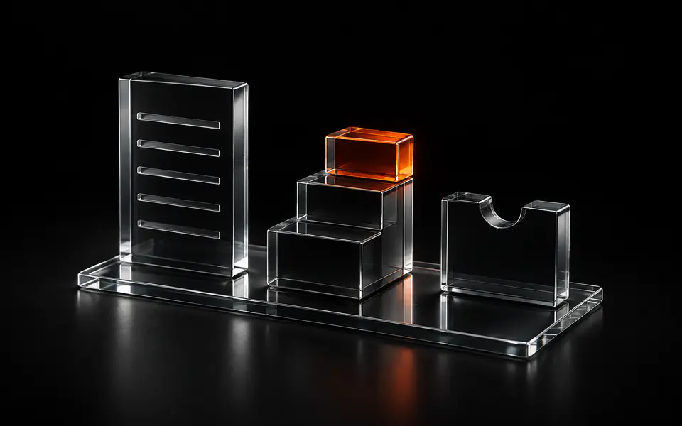 Three glass blocks share a clear base: a five-groove slab, a three-step staircase with an orange top step, and a notched block