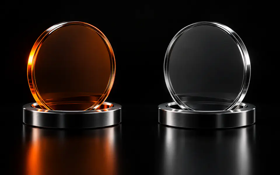 Two smoked-glass sign-off seals face across a gap, with the left seal glowing orange