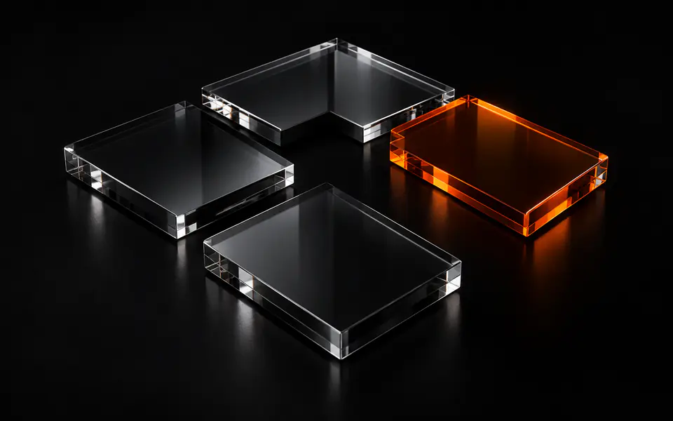 Four smoked-glass apertures frame a central gap, with one offset panel glowing orange