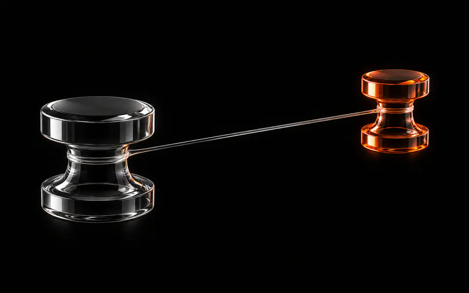 Two glass anchor pins bridge a dark break, with the nearer pin glowing orange