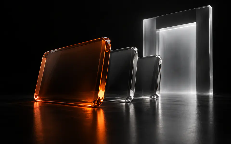 Three stacked glass ledger plates lead toward a gate, with the first plate glowing orange