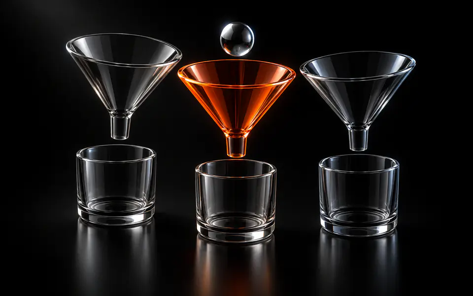 Three glass funnels descend into separate cups, with the center decision path glowing orange