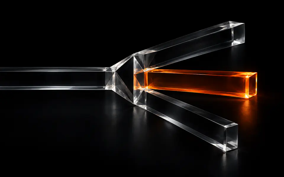 One glass beam splits into three paths, with the unresolved branch glowing orange