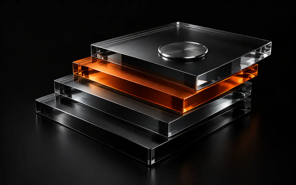 Four stepped glass approval plates hold a seal, with the top plate glowing orange