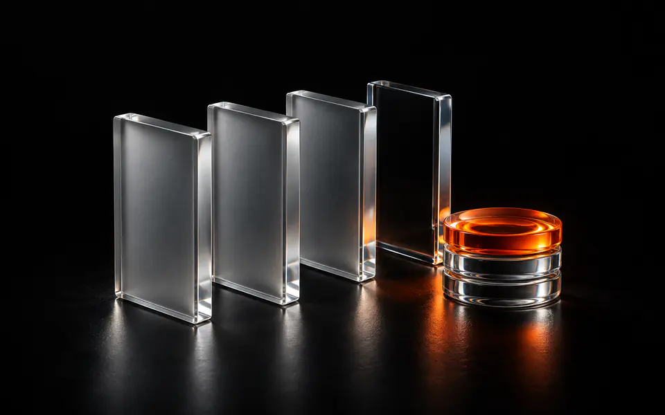 Four upright glass slabs, three frosted and one clear, stand beside three stacked lens discs with an orange top disc