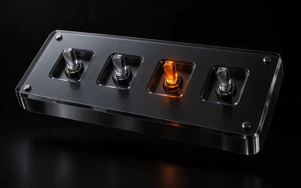 A dark glass console with four switches, one glowing orange and three cool silver