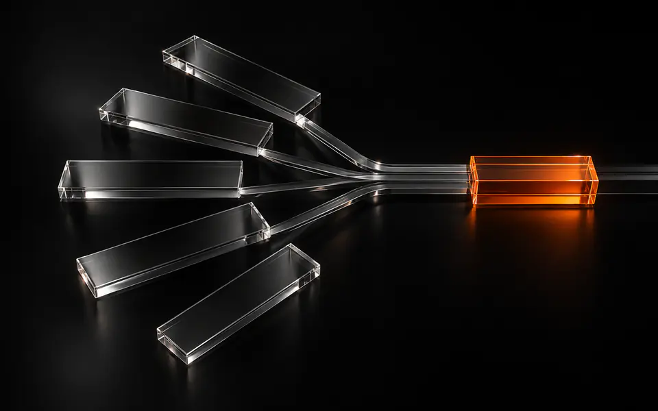 Five glass note slivers converge on a rail, where one orange block resolves them