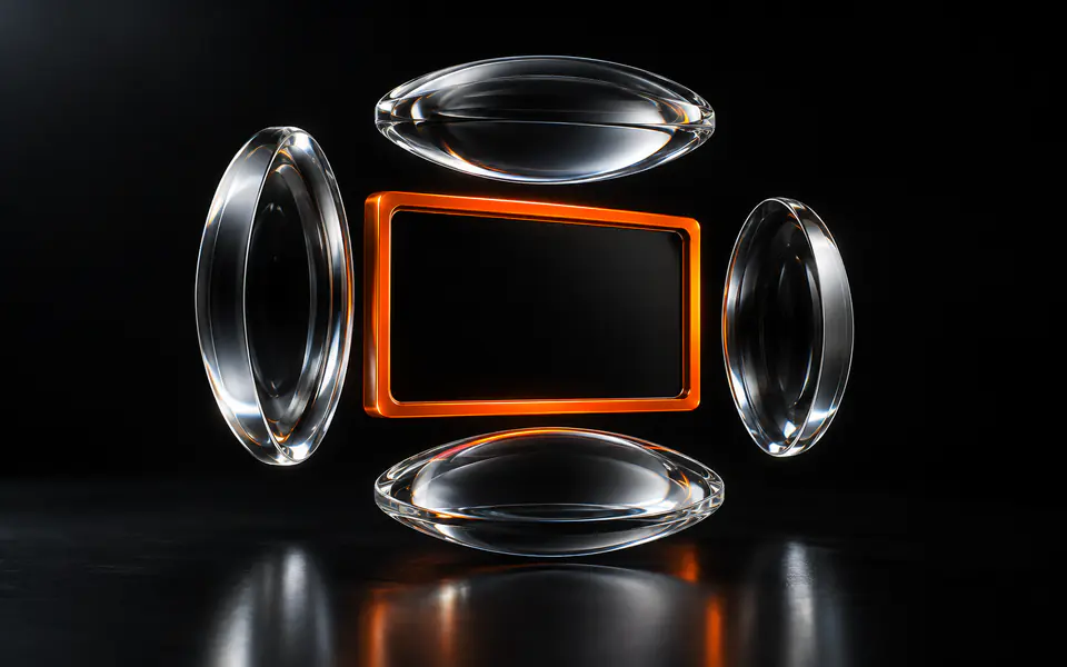 Four clear glass lenses surround an orange viewport frame on a black stage