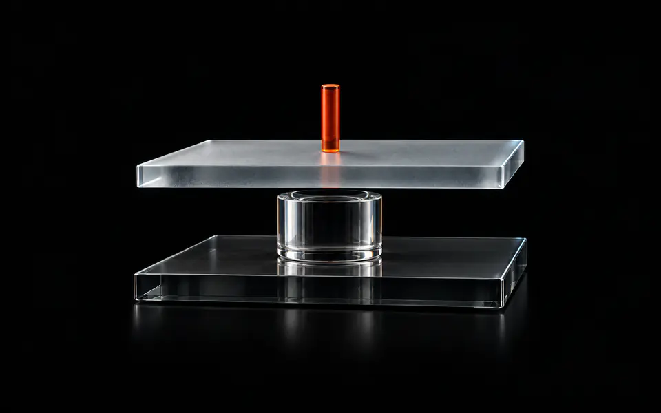 An orange glass rod rests on a frosted sheet above a clear cylinder, separated by a narrow gap