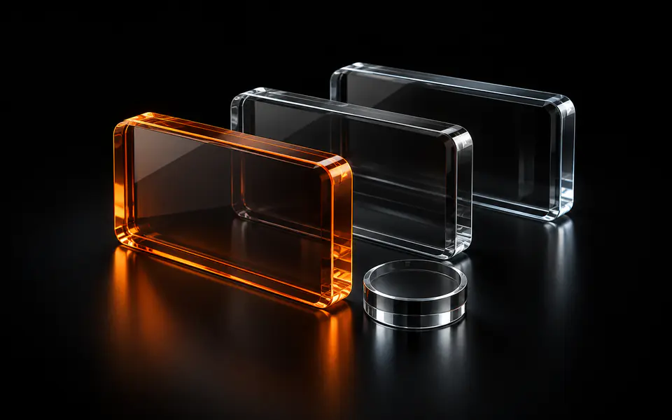 Three overlapping glass proof slabs recede into darkness, with the front slab glowing orange