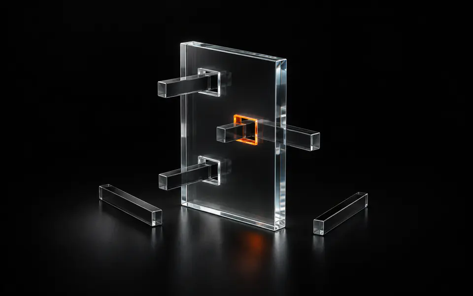 A thick clear glass pane with three slots holds three bars passing through it, two clear bars lie loose, and one slot is edged in orange