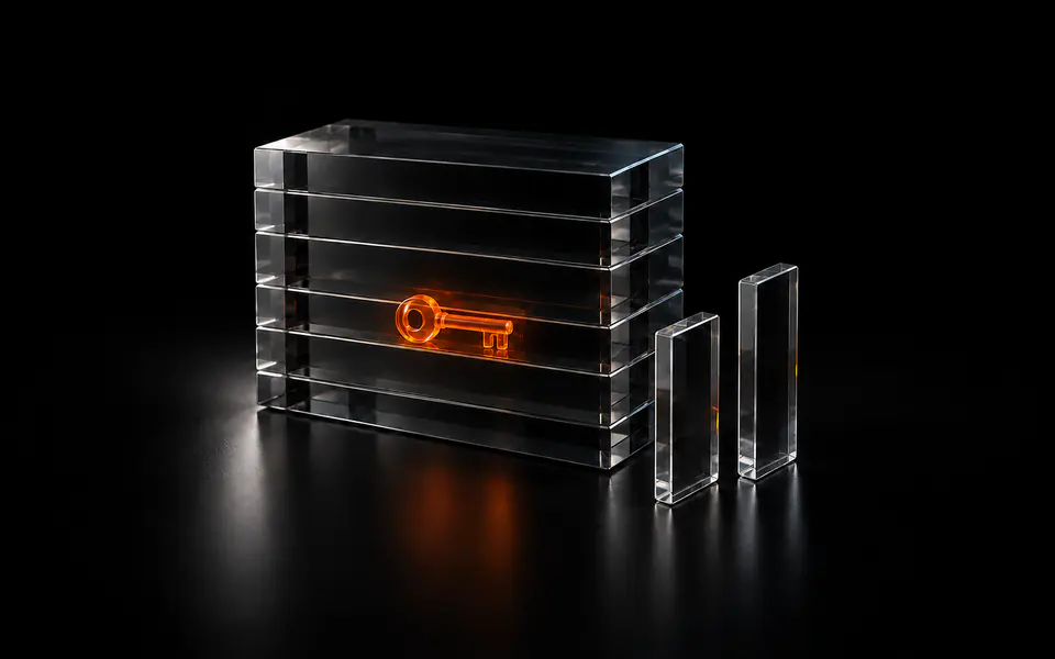 A smoked glass block of stacked layers seals a small orange key in one layer, with two thin clear slivers standing apart in front