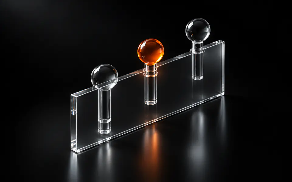 Three glass pins cross a transparent panel, with one anchored pin glowing orange