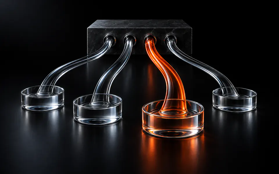 Four clear glass roots rise from a slab, with the longest origin glowing orange