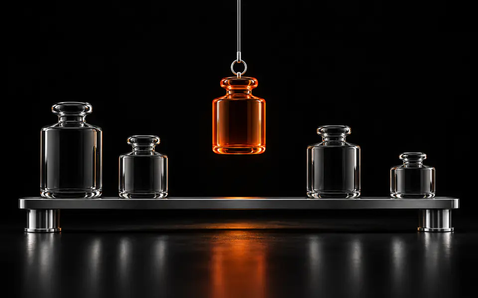 Five glass weights balance on a rail while one orange weight hangs below it