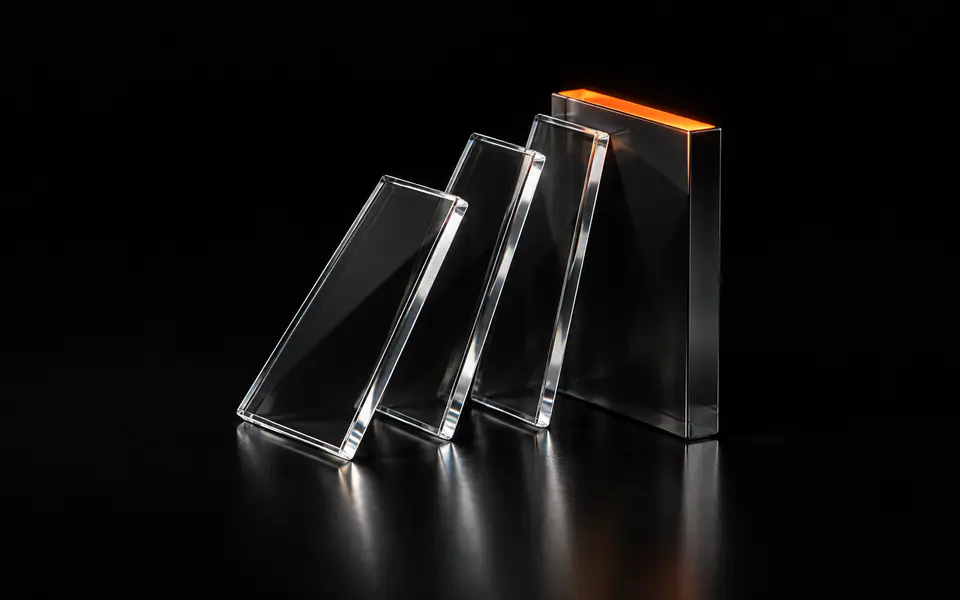Three clear glass slabs lean in a row against an upright smoked glass block whose top edge glows orange
