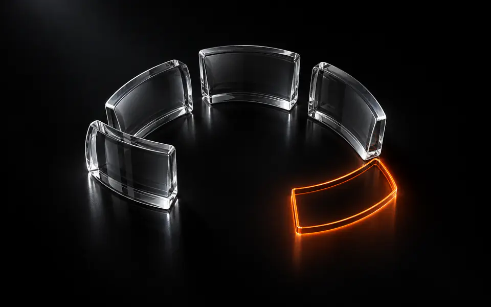 Five glass scenario windows arc around an empty aperture that glows orange