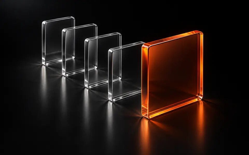 Four clear glass test cards cascade toward a larger orange result panel