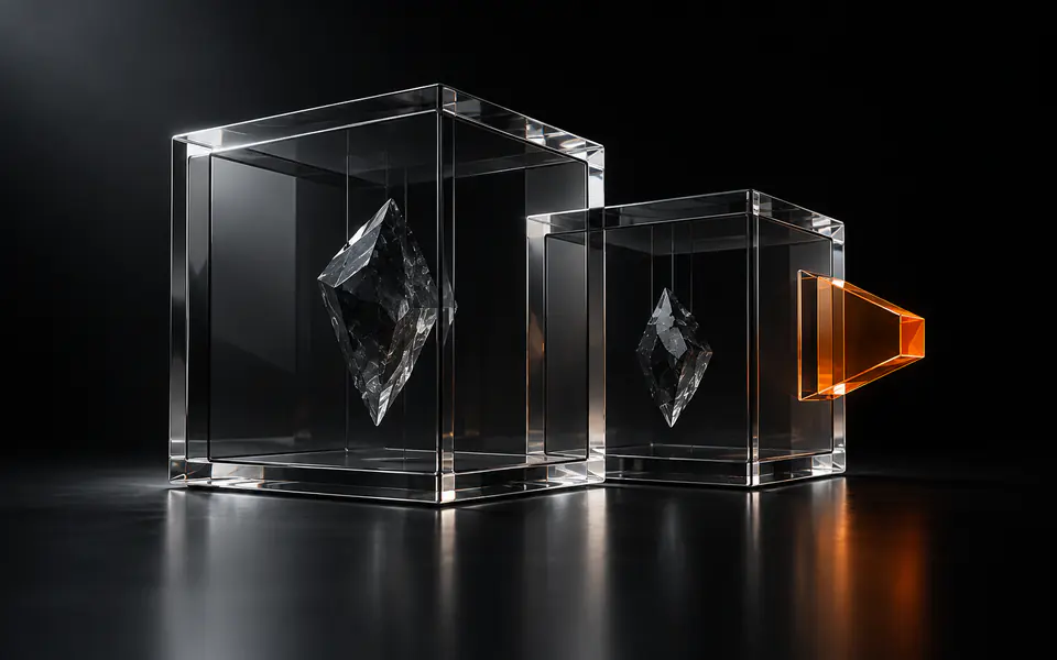 Two overlapping glass cubes hold suspended shards, with a short orange prism entering the open cube