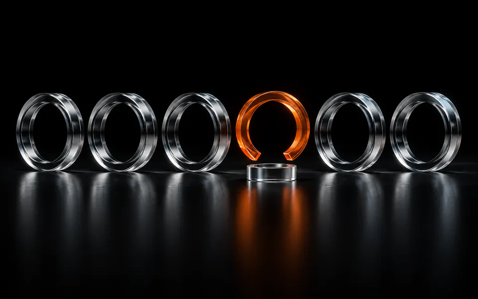 Six glass loops recede across black, with one opened loop glowing orange