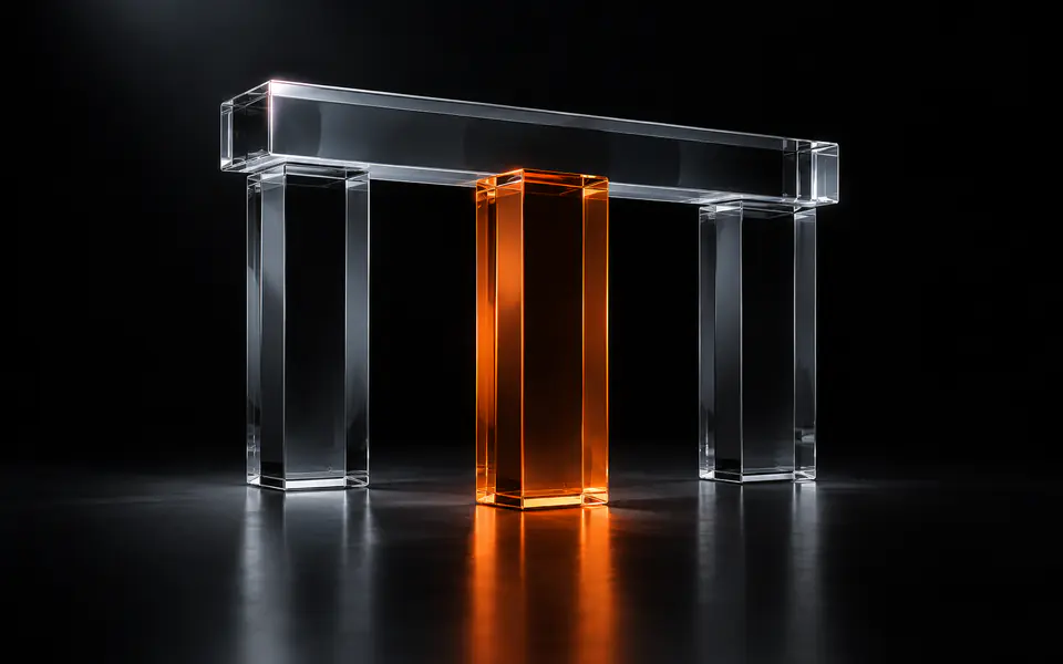 Three smoked-glass pillars support a lintel, with the evidence pillar glowing orange