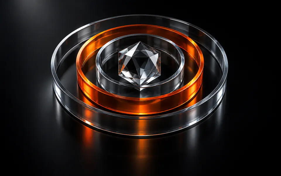 Three offset glass rings encircle a core, with the middle boundary glowing orange