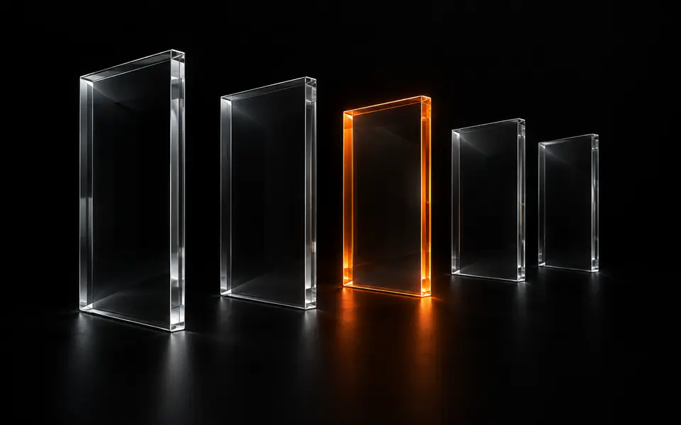 Five floating smoked-glass gate panes recede across black, with the middle pane lit orange