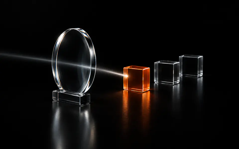A round glass lens on a stand focuses a faint beam onto one of three small glass blocks, which glows orange