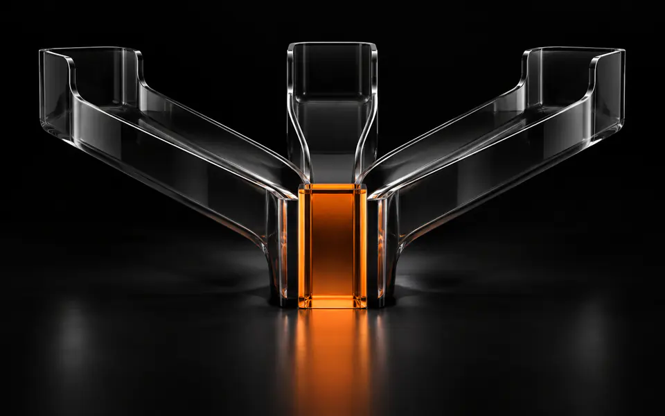 Three glass report chutes feed one central gate, which glows orange