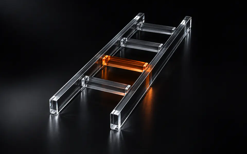 A glass ladder spans two rails, with its raised verification rung glowing orange