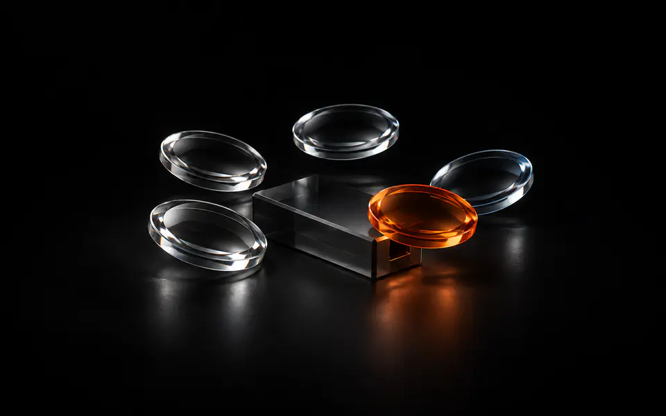 Five glass lenses ring a notched smoked-glass block, with one orange lens hovering above the notch