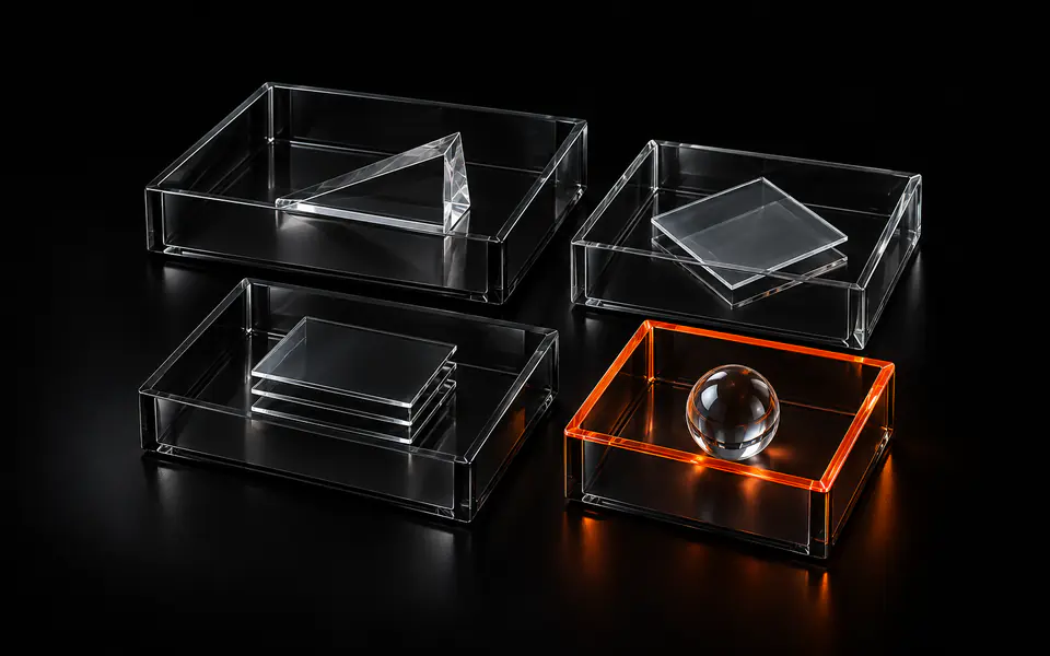 Four glass trays hold a prism, two sheets, three stacked plates and a clear orb, with an orange rim around the orb tray