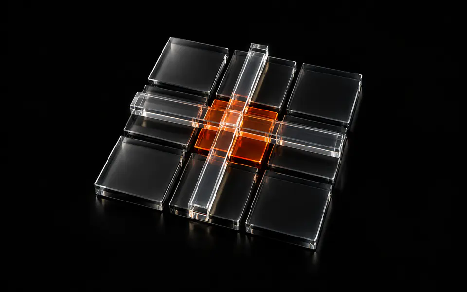 Two clear glass rails cross over a 3 by 3 grid of clear glass tiles, lighting the centre tile orange