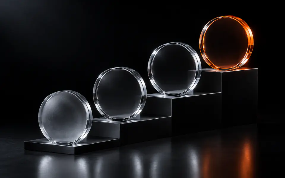 Four glass seal medallions climb upward, with the highest seal glowing orange