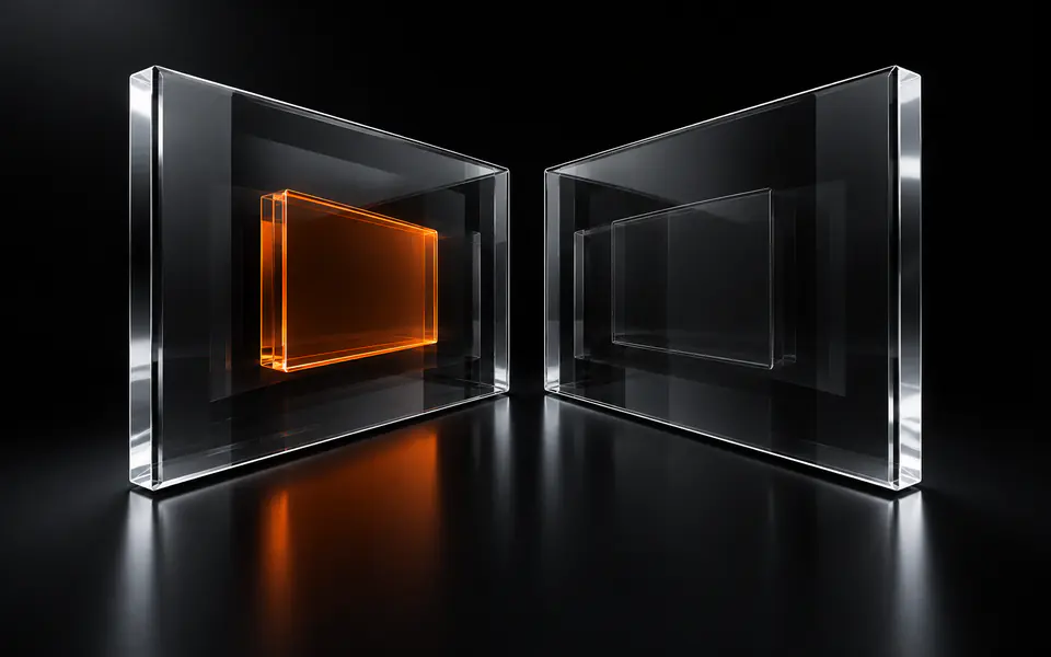 Two facing glass mirror slabs hold a smaller inner screen, glowing orange inside the left slab