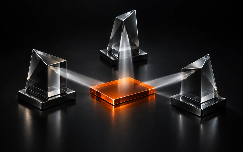 Three glass prisms split light toward a central orange comparison plate