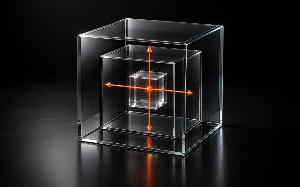 Three nested glass frames surround a cube, crossed by one orange environment marker
