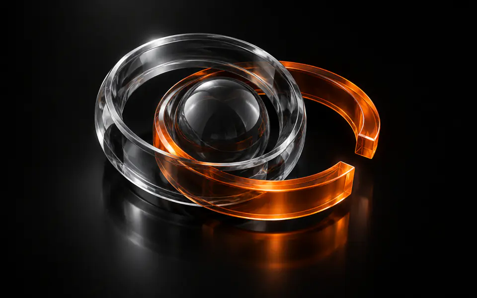 Two interlocking glass rings surround a core, with the open bypass ring glowing orange
