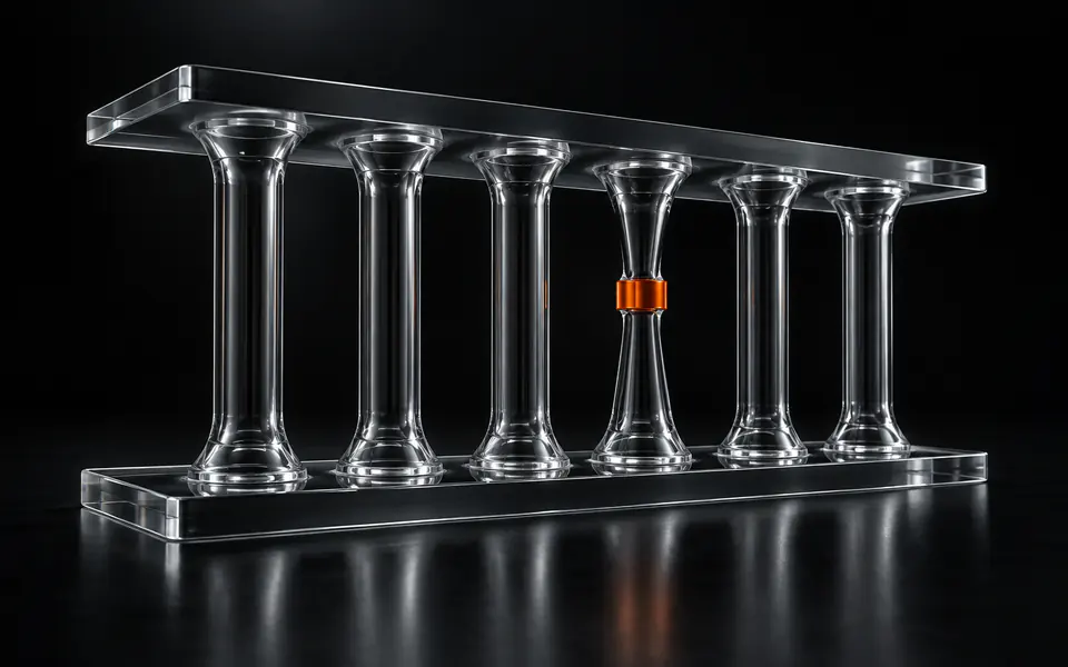 Six glass channels run between ceiling plates, with one orange governor collar