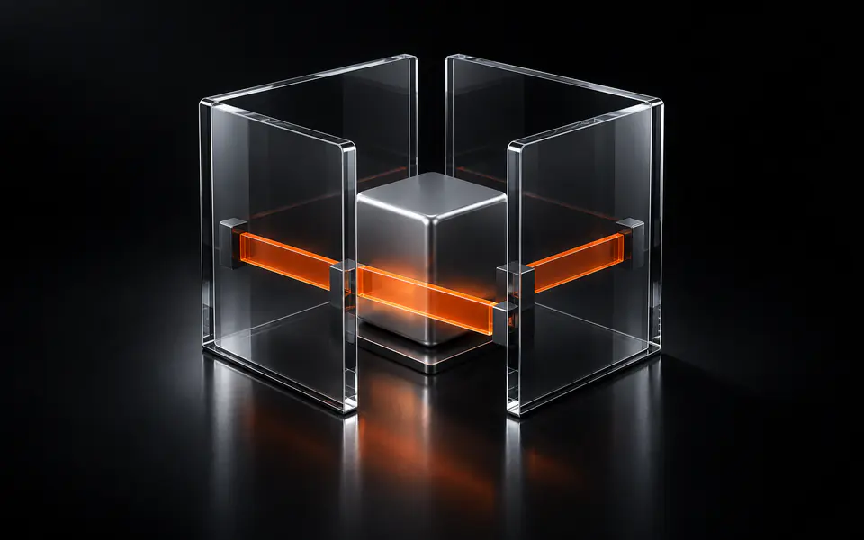 Four glass walls enclose a dark core, with one orange governor bar set into the front
