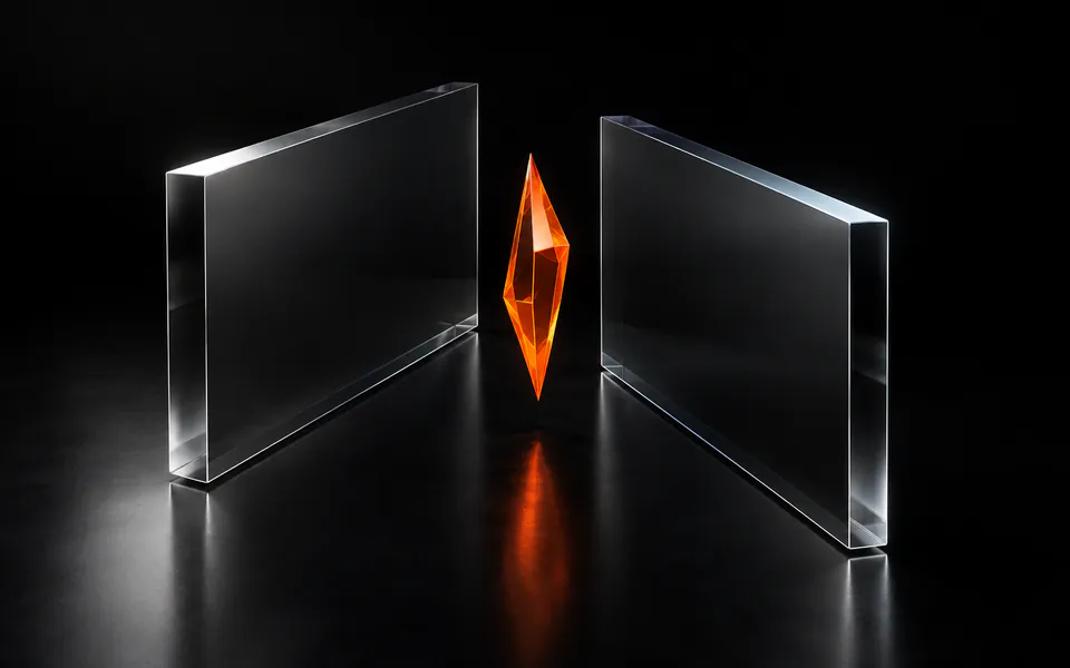Two glass export surfaces frame a pointed cell shard glowing orange