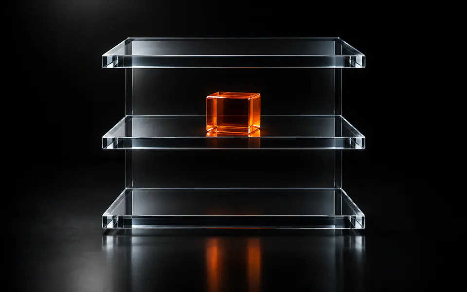 Three glass storage shelves hold a single orange identifier cube in the middle