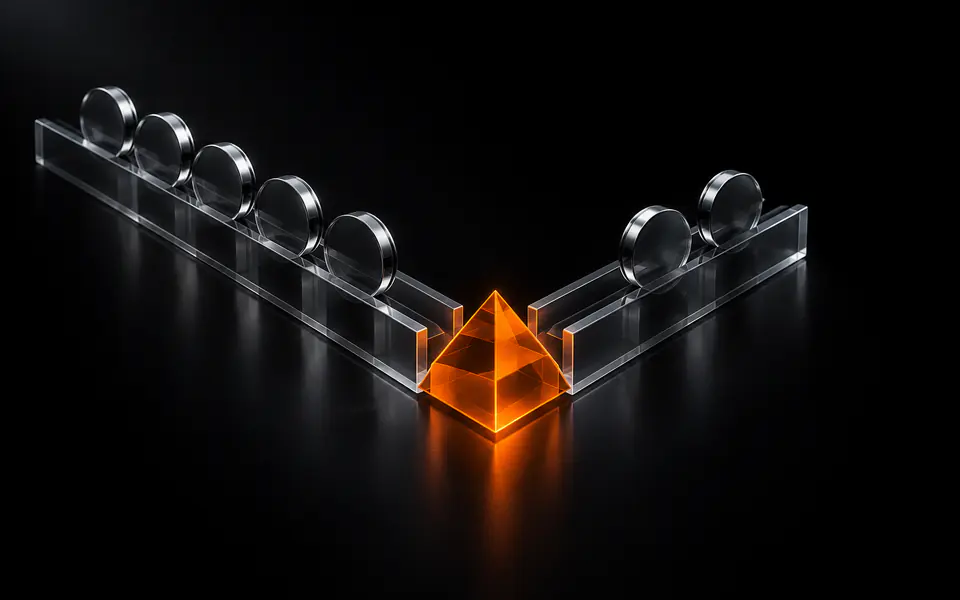 Two glass sync rails meet at a central prism glowing orange