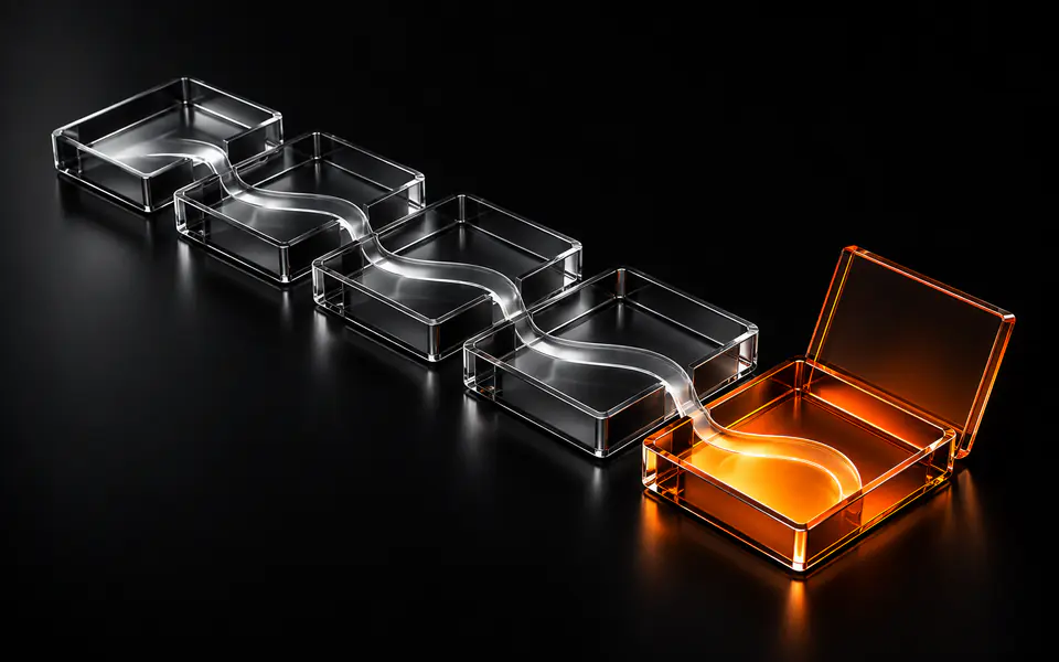 Five glass evidence trays cascade forward, with the final tray glowing orange
