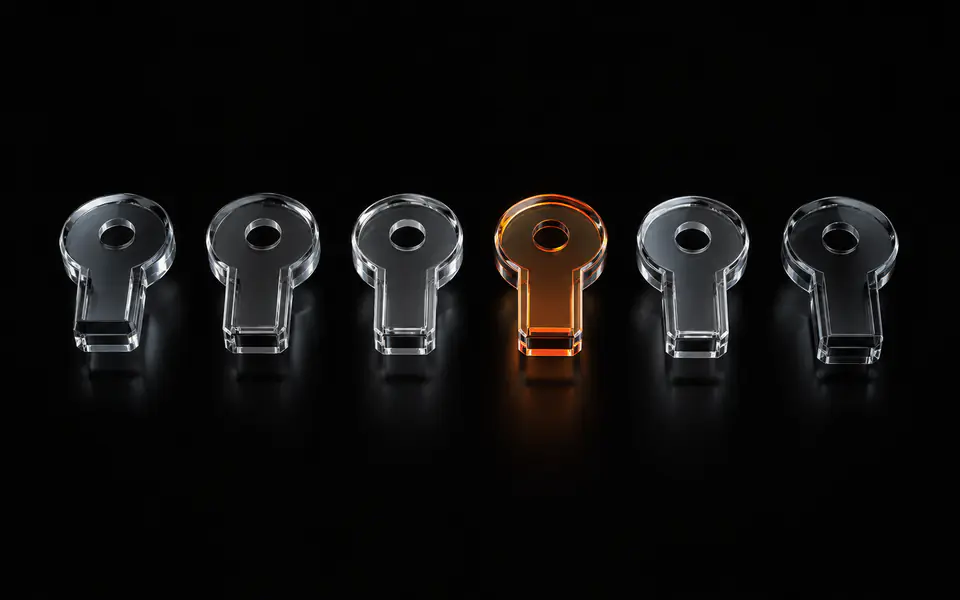 Six translucent glass key slots hover in a row on black, with the fourth slot glowing orange