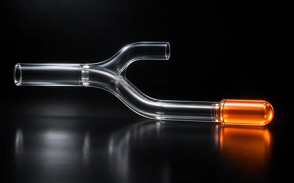 A glass export path splits, ending in an orange capsule beyond the direct chute