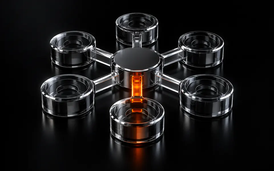 Six glass sockets orbit a central hub, joined by one orange bridge